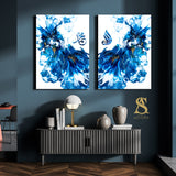 Set of 2 Blue And White Printed Stretched Canvas' Allah & Muhammad Arabic Calligraphy Islamic Wall Art Fluid Paint
