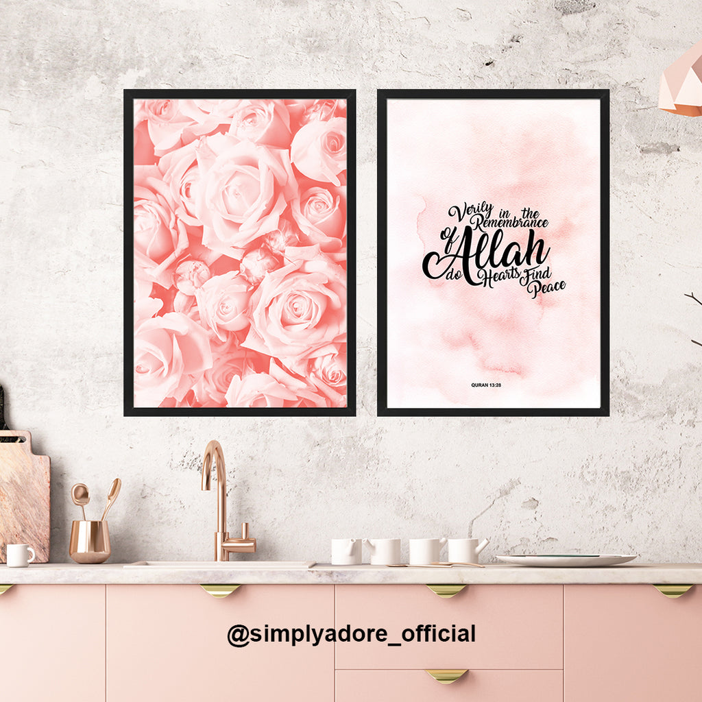 Set of 2 - Remembrance of Allah & Pink Roses Islamic Wall Art Prints