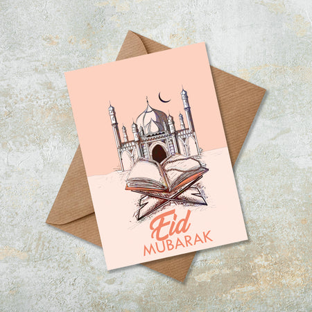 Eid Mubarak Orange Mosque & Quran Islamic Eid Card