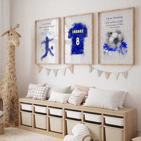 Blue Set of 3 Personalised Football Morning, Sleeping Dua, Children's Islamic Wall Art Print Kids Nursery Shirt 2022