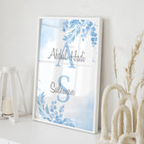 Personalised Children's Arabic Calligraphy Islamic Wall Art Print In Blue Floral