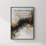 Set of 3 Dua Before Eating & After Eating Grey & Gold Marble Arabic Calligraphy Modern Islamic Wall Art Prints