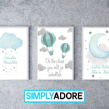 Set of 3 Mint Teal & Grey Children's Islamic Wall Art Print Kids Bedroom Nursery Hot Air Balloon Cloud Sun