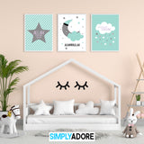 Set of 3 Teal & Grey Moon Star Cloud Children's Islamic Wall Art Print Kids Bedroom Nursery