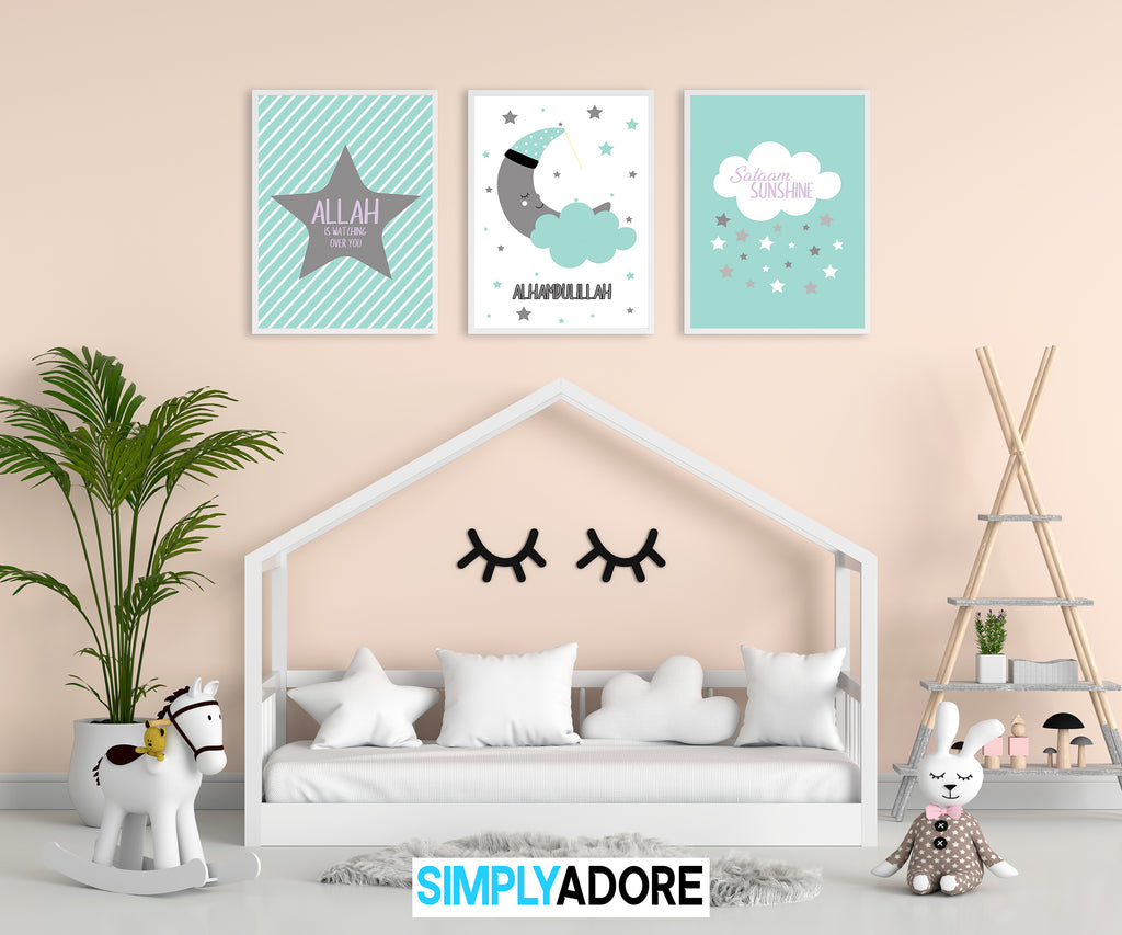 Set of 3 Teal & Grey Moon Star Cloud Children's Islamic Wall Art Print Kids Bedroom Nursery