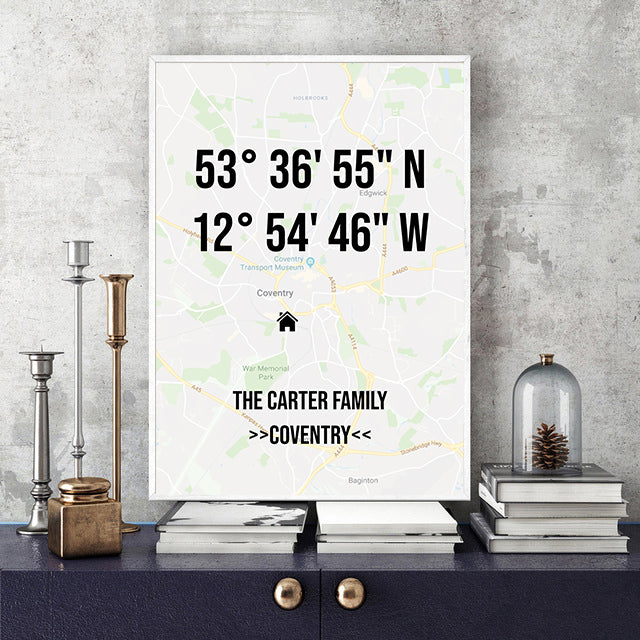 Personalised Home Coordinates & Map Housewarming New House Gift Wall Art Print