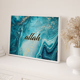 Blue & Gold Marble Allah Text Islamic Wall Art Print
