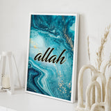 Blue & Gold Marble Allah Portrait Text Islamic Wall Art Print