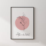 Alhamdulillah Blush Pink Floral Botanical Abstract Islamic Wall Art Print With Natural Leafy Tones With English Calligpraphy