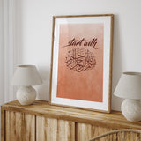 Start With Bismillah Rustic Brown Boho Islamic Wall Art Print With Arabic Calligraphy
