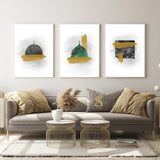 Set of 3 Light Grey Watercolour Background Of The 3 Blessed Mosques Kaaba Nabwi Al-Aqsa Minimalistic Abstract Islamic Wall Art Print 2022
