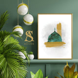Light Grey Watercolour Background Of The Blessed Masjid Nabwi Greendome Paintbrush Abstract Modern Islamic Print 2022 Green Gold Minimalistic Art