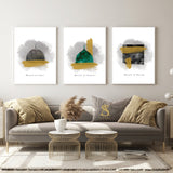 Set of 3 Dark Grey Watercolour Background Of The 3 Blessed Mosques Kaaba Nabwi Al-Aqsa Minimalistic Abstract Islamic WallArt Print 2022 English