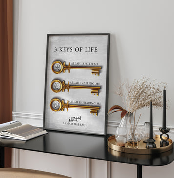 3 Keys Of Life Islamic Wall Art Print 2022 Gold Perfect Reminder Of Having the Presence Of Allah, Perfect Home Gift.