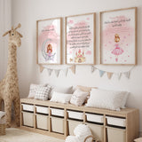 Set of 3 Princess Fairy Morning/ Sleeping Dua Ayatul Kursi Children's Islamic Wall Art Print Kids Nursery Castle Fairy Moon Stars