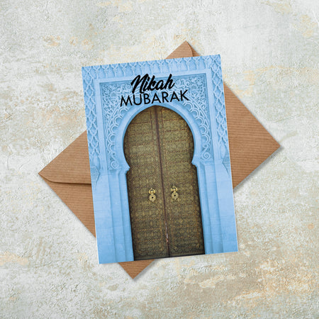 Nikah Mubarak Blue Water Colour Morrocan Islamic Door Greeting Card Wedding Gift