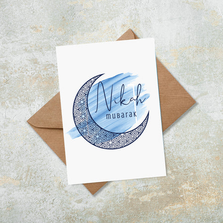 Nikah Mubarak Blue Water Colour Moon Islamic Greeting Card Wedding Gift