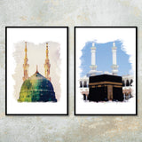 Set of 2 Masjid Nabwi & The Kaaba Vintage Watercolour Islamic Wall Art Print