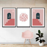 Set of 3 Pink Abstract Allah & Muhammad Shahadha Arabic Calligraphy Nordic Islamic Wall Art Print