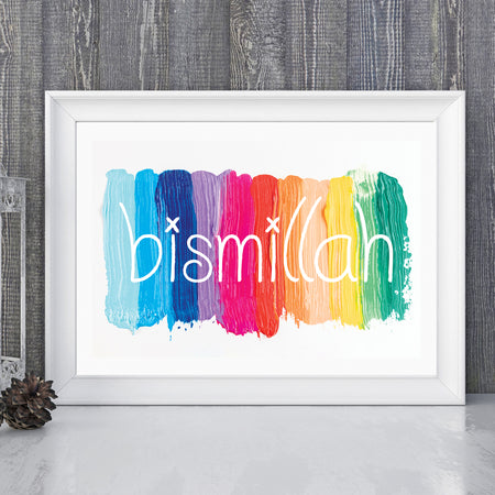 Bismillah Children's Painting Typography  Islamic Wall Art Print Rainbow Colours Paint Girls Boys Nursery Bedroom