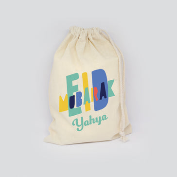 Personalised Colourful Blue Typography Eid Mubarak Eid Sack For Eid Gifts / Eid Presents / Boys / Girls / Eid Mubarak Bag/ Eid Bag