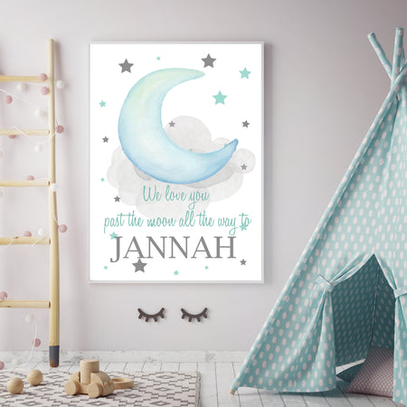 We Love You Past The Moon All The Way To Jannah Blue Watercolor Moon Design For Children's Islamic Wall Art Print Kid's Islamic Print Bedroom Nursery Boy's Room Children's Islamic Prints Kids Islamic Wall Art