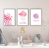 Set of 3 Pink Watercolour Verily With Every hardship Comes Ease Children's Islamic Wall Art Print Kids Bedroom Nursery Print Rainbow Cloud Sun Girls Islamic Nursery Print
