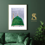 Sketched Affect of The Prophets Mosque Masjid Nabwi Green Minimalistic Abstract Islamic Wall Art Print Madinah Medina Kids