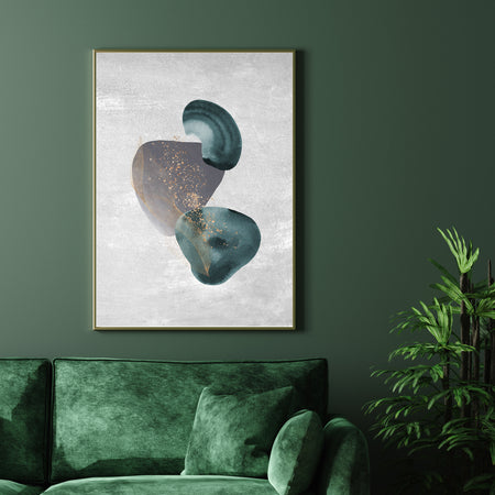 Vintage Green & Grey Abstract Home Modern Wall Art Print With Gold Elements