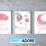 Set of 3 Children's Tasbi Islamic Wall Art Print Kids Bedroom Nursery Hot Air Balloon Cloud Moon Kids Islamic Print Girls