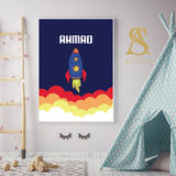 Personalised Space Rocket Ship Children's Islamic Wall Art Print Kids Bedroom Nursery Girls Boys Stars Planets Rockets White Background