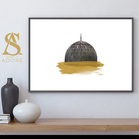 The Blessed Masjid Al Aqsa Islamic Wall Art Print Minimalistic Paintbrush Abstract Modern Islamic Print Grey & Gold