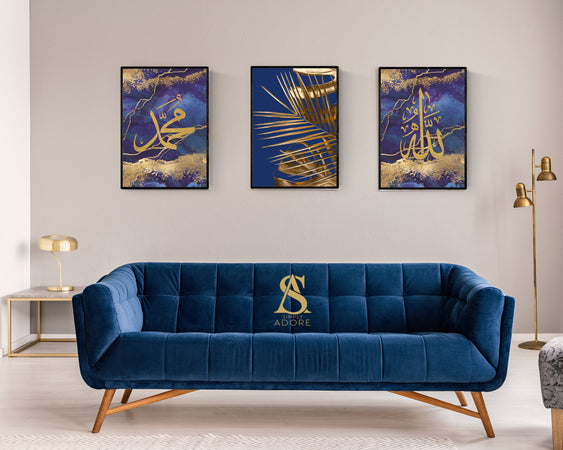 Set of 3 Navy Blue & Gold Allah, Muhammad Leaf Luxury Islamic Wall Art Print Arabic Calligraphy