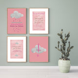 Set of 4 Pink & White Children's Personalised Gallery Collection Tasbi Surah Kawthar Arabic Calligraphy Islamic Wall Art Print Collection