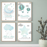 Set of 4 Blue & White Children's Personalised Gallery Collection Tasbi Arabic Calligraphy Islamic Wall Art Print Collection