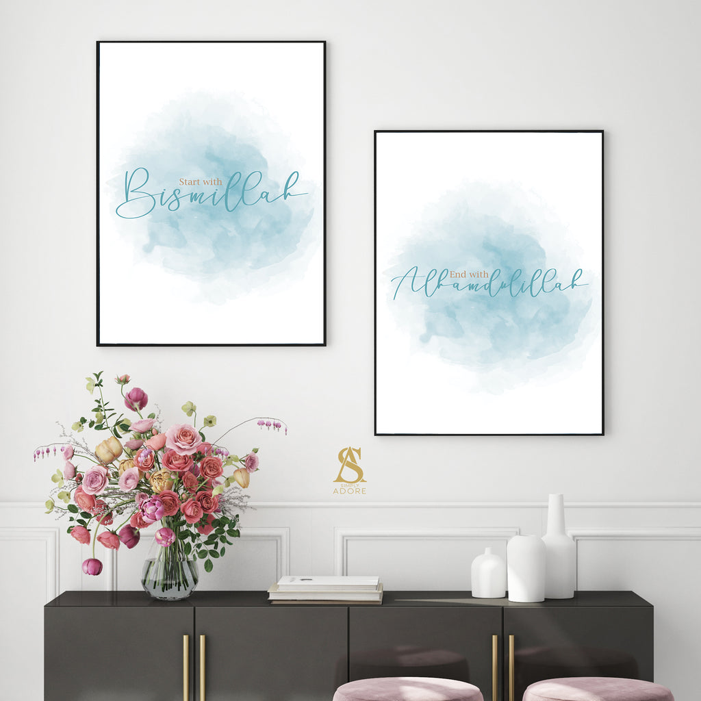Set of 2 Teal & White Start With Bismillah And End With Alhamdulillah Watercolour Modern Minimalistic Abstract Wall Art Print