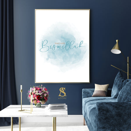Blue & Gold Watercolour Start With Bismillah Islamic Wall Art Print With Arabic Calligraphy Islamic Print